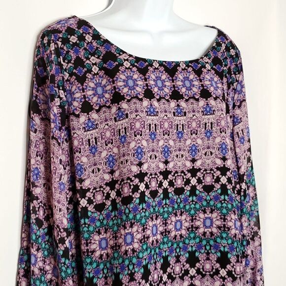NEW Jennifer Lopez Cold Shoulder Blouse 1X Abstract Jewelry Print Black Purple - Picture 2 of 10
